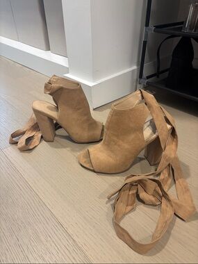 Suede ankle wrap block heels